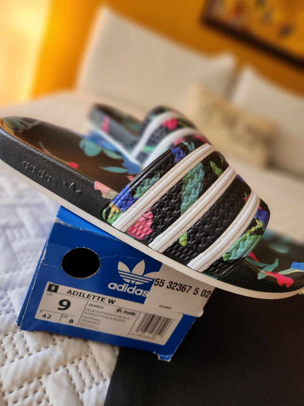 adidas Black Floral Adilette Slide Sandals with White Stripes